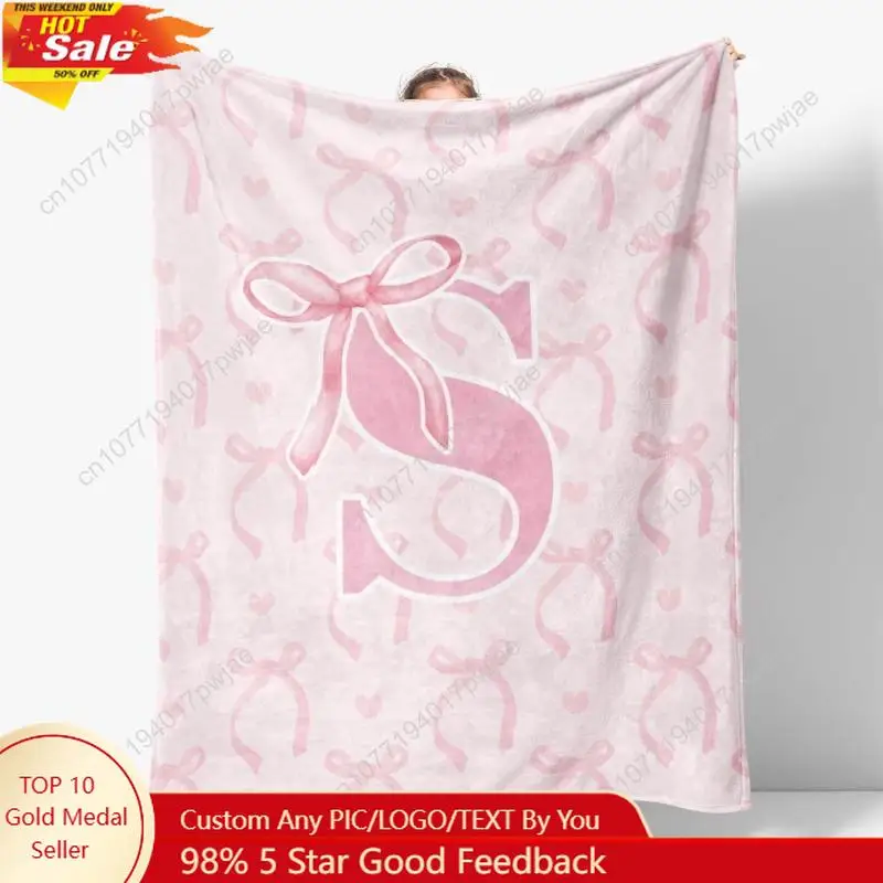 

Coquette Pink Bow Throw Blanket Initial S Soft Fluffy Cozy Flannel Blanket Monogrammed Gifts for Daughter Women Custom blankets