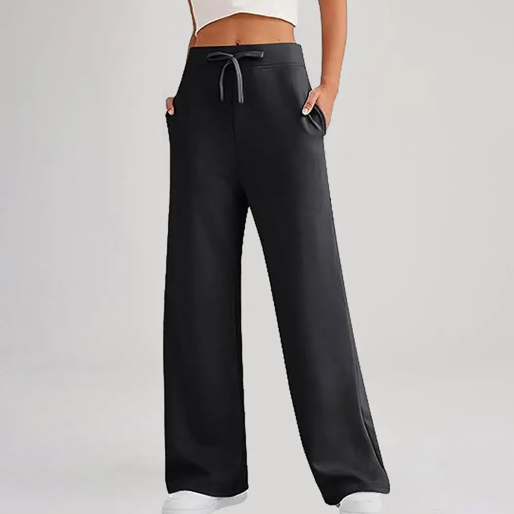 

Women Pants High Elastic Waist Wide Leg Loose Solid Color Soft Drawstring Full Length Pockets Simple Style Lady Long Trousers