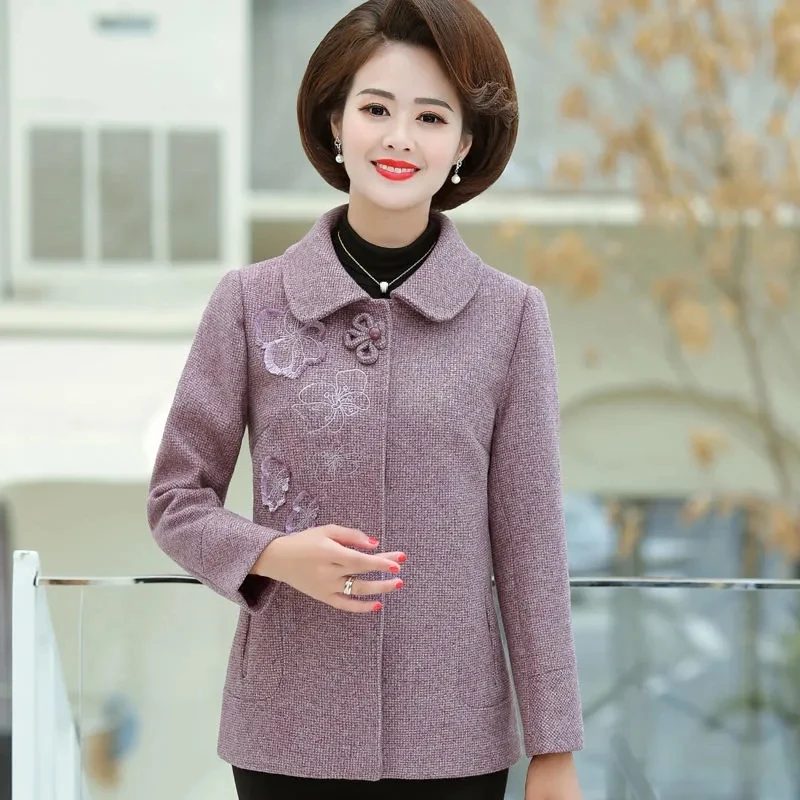 Mother's Woolen Coat Autumn Winter Thicken Warm Outwear Middle-aged Women's Fashion Casual Short Wool Jacket Embroidered Tops