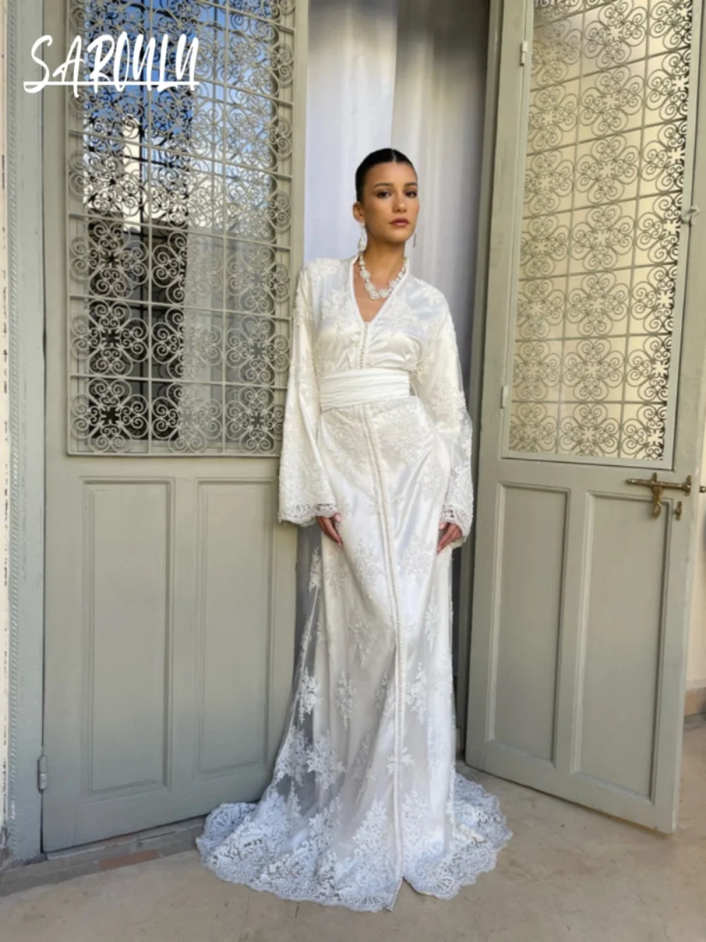 

Elegant A Line Evening Dress White Pearl Tulle Bridal Caftan Dresses Kaftan V Neck Customized Gown For Wedding Vestidos De Gala