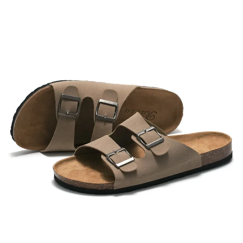 2022 New Unisex 35-46 Men Women Cork Slippers Leather Mule Clogs Slippers High Quality Soft Cork Two Buckle Slides Footwear