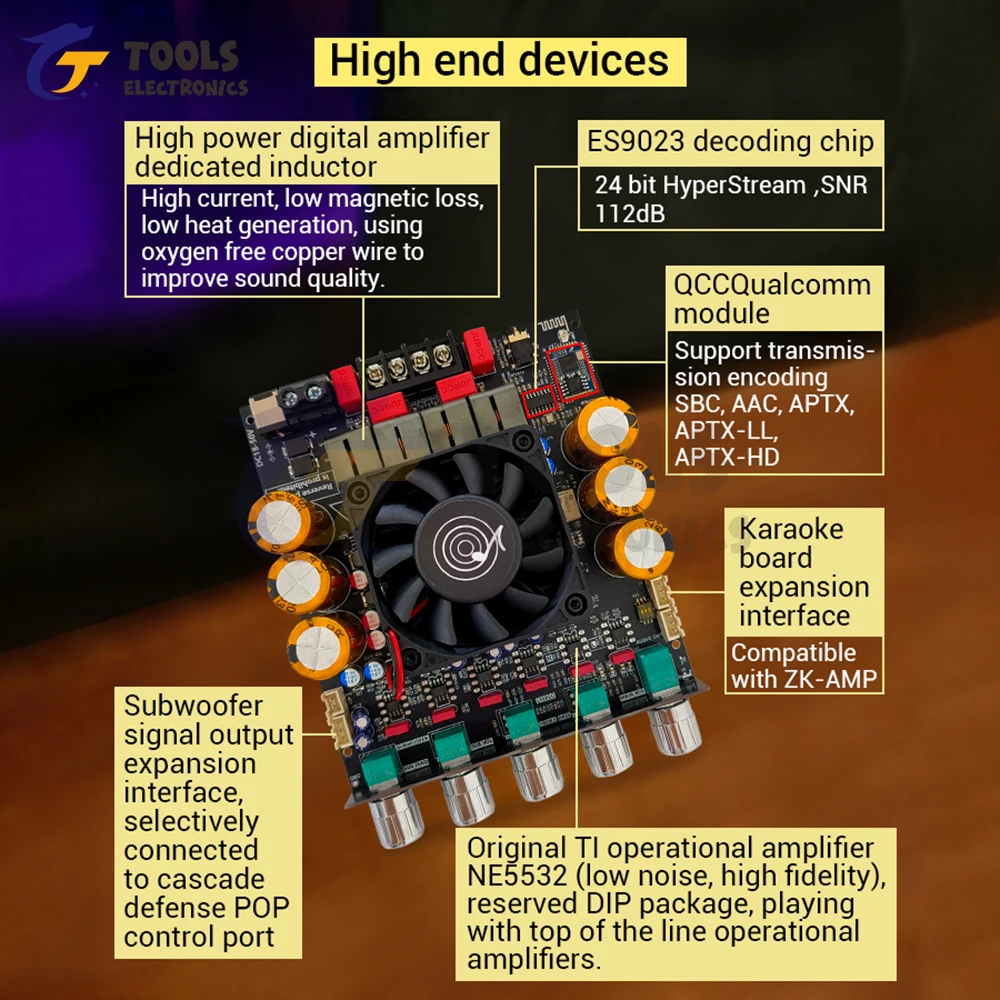 ZK-SUB1200Q BT مكبر للصوت مجلس QCC3034 + ES9023 DC18-50V 2*600 واط 2.0 ثنائي القناة مكبر صوت استيريو وحدة مع تمديد مضخم الصوت #2
