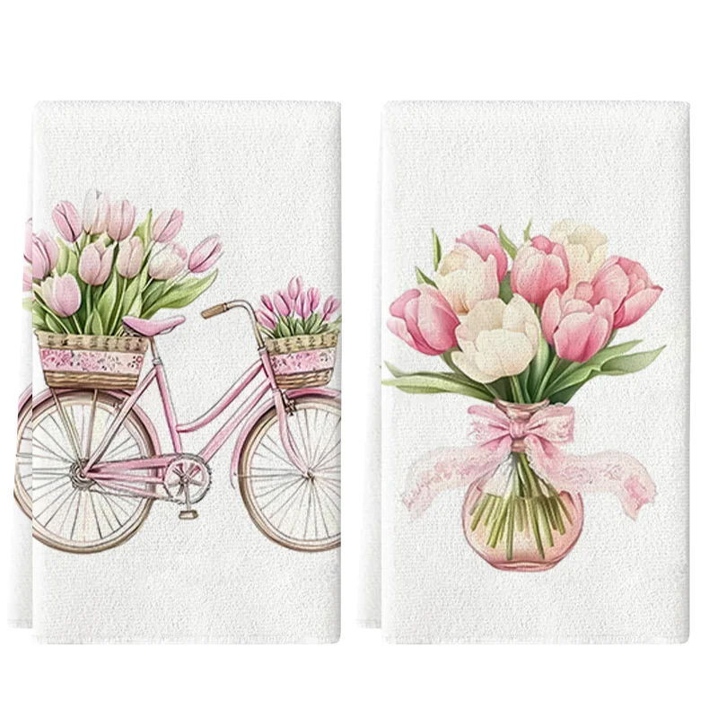 2Pcs, Bicycle Flower Basket + Vase Tulip Kitchen Towel, 40Cm*60Cm Towel Set, Best Kitchen Towel, Super Absorbent Soft Cleaning Cloth, Cooking and Baking Tea Towel, Hand Towel, Cleaning Cloth, Dishcloth, Kitchen Decoration, Living Room Decoration, Kitchen Essentials, Home Essentials