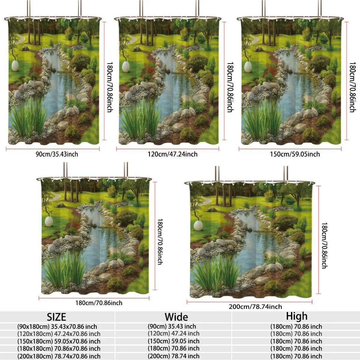 Peaceful Backyard Garden Creek Scenery Green Grass Trees Stones Pond Landscape Bath curtain, Cozy Soft Warm 