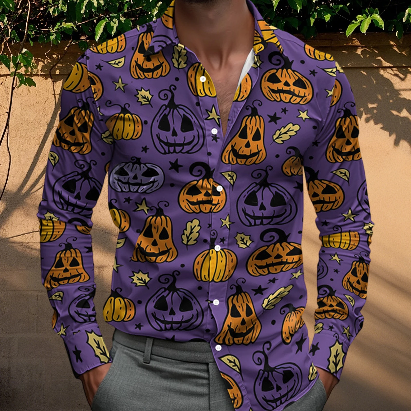 

Men’s Patchwork Halloween Shirt, Long Sleeve Turn-down Collar Button-down Shirt Pumpkin Print Fall Tops Streetwear
