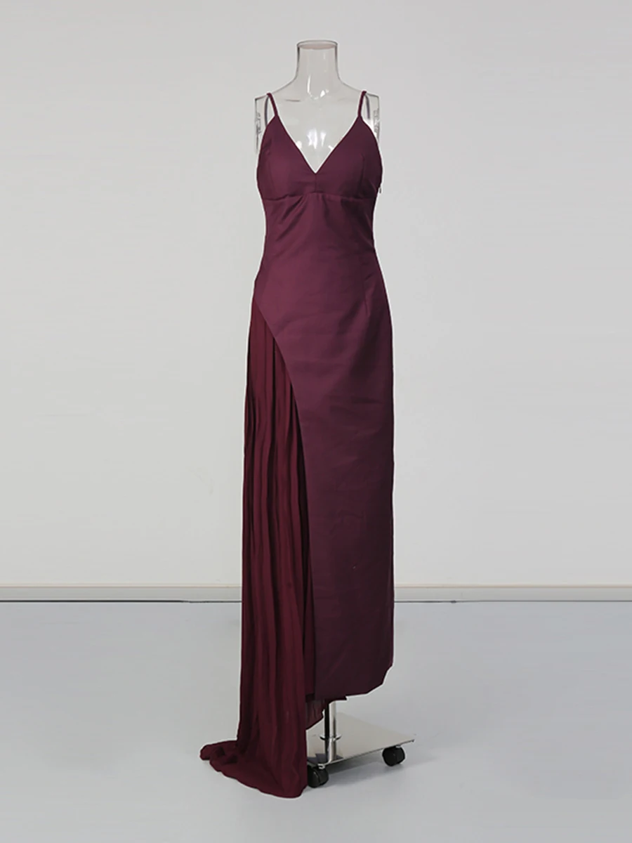 CHICEVER Purple Spliced Folds Irregular Dress Female V Neck Sleeveless Loose Intellectual Elegant Women's Dresses Summer Fashion