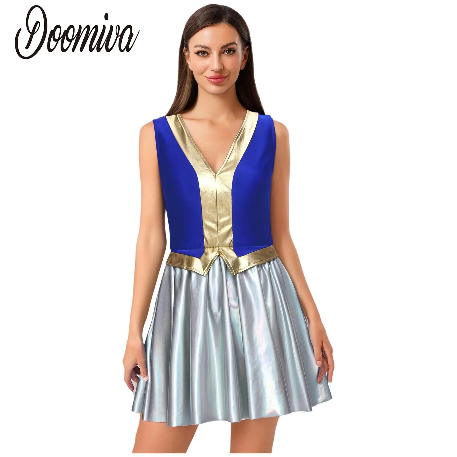 

Women Halloween Arab Princess Dress Sleeveless Contrast Color Patchwork Metallic Tutu Dress for Club Masquerade Carnivals Party