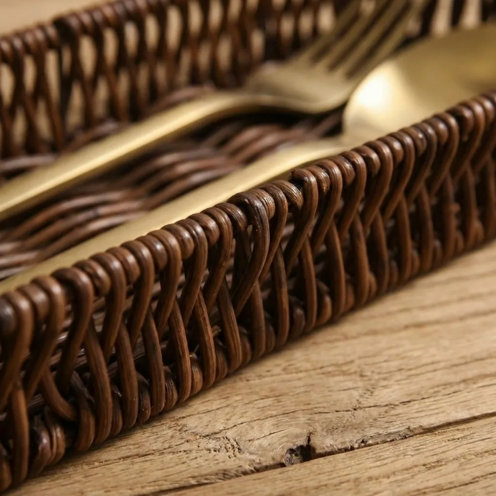 

Oval Shape Tableware Storage Basket Retro Plastic Faux Wicker Tray Decorative Minimalist Dinnerware Storage Tube Dining Room