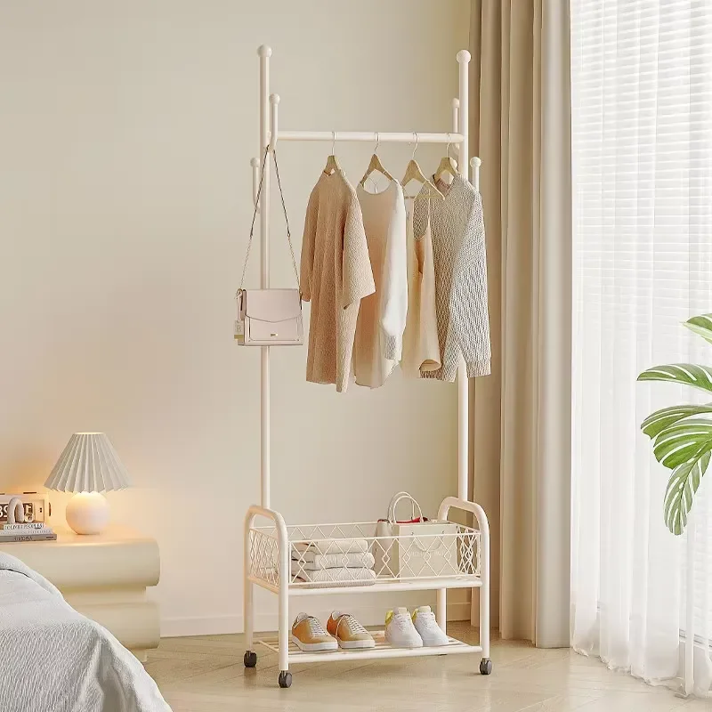 Cream Metal Rolling Clothes Rack Independent Floor Standing Garment Hanger Simple Household Storage Organizer For Living Room