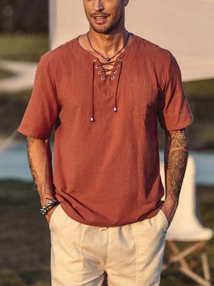 Vintage Drawstring V Neck Linen Shirt Mens Summer Daily Casual Short Sleeve Solid Color Henley Shirts For Men Daily Leisure Top
