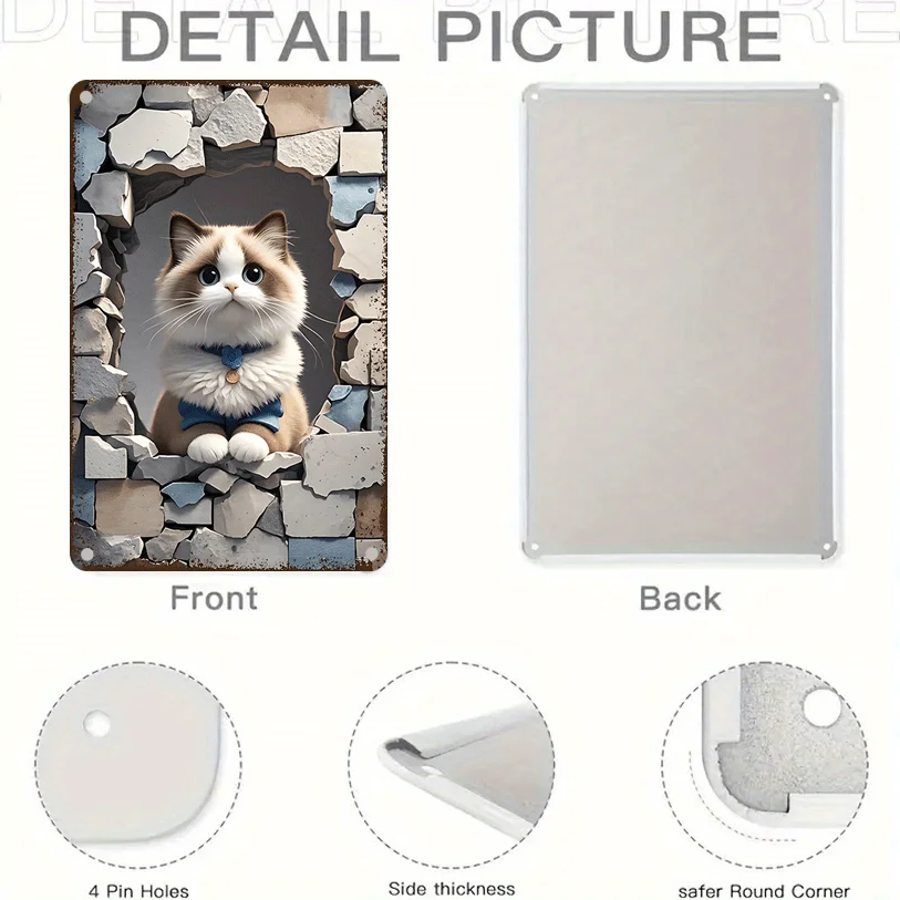 

1pc Frameless Cute Cat Cartoon Metal Wall Art,Adorable Kitten in Blue Outfit Peeking Through Broken Wall Design