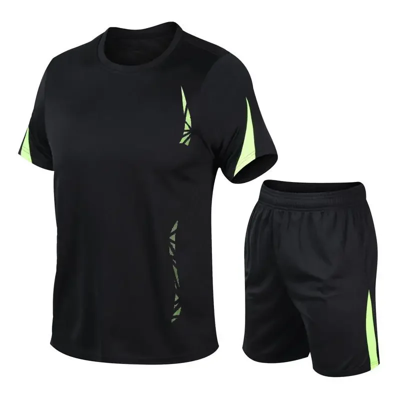 Summer Slim Casual Two-piece Sports Set Men Panelled Pullover V-neck Short Sleeves Pockets Quick Drying Fitness Unning Shorts