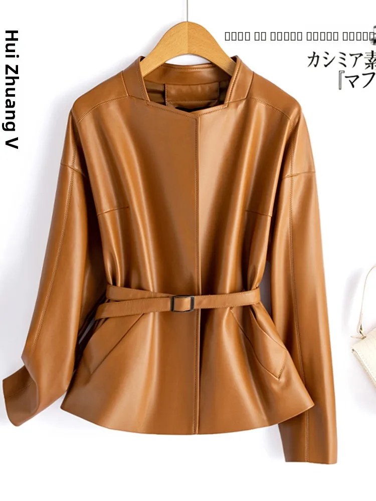   Ning Echt Lederen Jaet Damesjas 2025 Lente Nieuwe Koreaanse Versie Taille-afslankende Geriemde Eepskin Jas