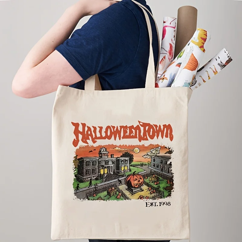 

1 Pc Halloween Town Pattern Tote Bag Casual Canvas Shopping Bag Shoulder Bag Halloween Ghost Skull Pumpkin Print Gift Bag