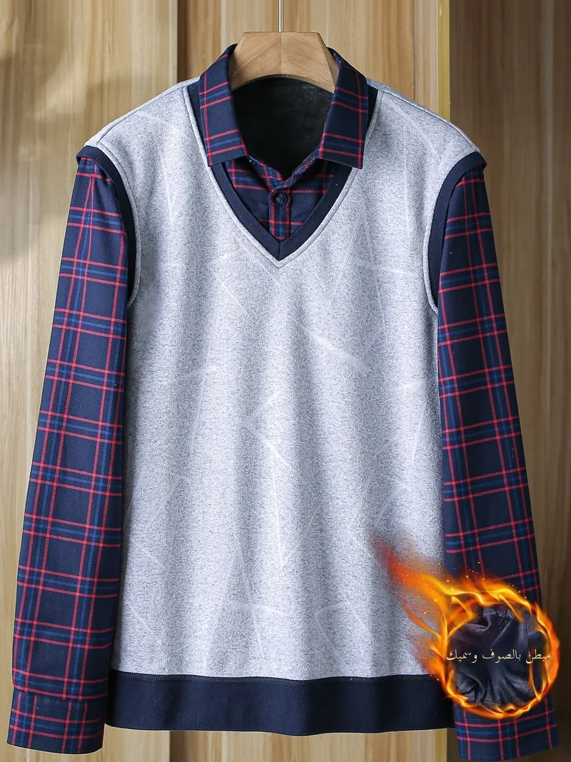 

Men's Knitted Plaid irt Collar Fce Lined Thiened Winter Commute Dad Top Faionable Urban Sle Long Sve Basic Mass