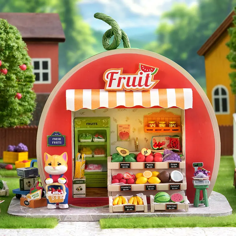 

Hot Sale DIY Miniature Watermelon Fruit Shop Dollhouse Kit with LED Light 3D Puzzle Mini House Gift for Friends Home Decor