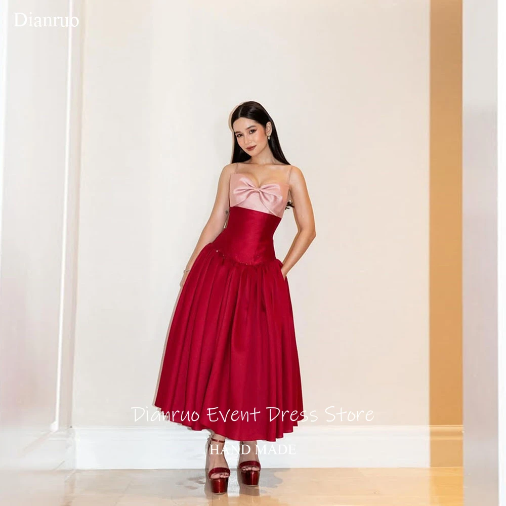 Dianruo Rosso E Rosa Una Linea di Abito Da Sera Midi di Lunghezza Senza Spalline Robe De Soirée Femme Arco Abiti Para Mujer Personalizzato