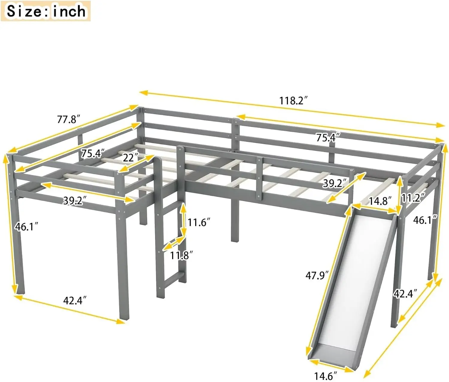 Merax Wooden Twin Size Double Loft Bed With Slide And Ladder, L-Shaped Bed Frame With Full-Length Guardrail, Wood Bedframe For