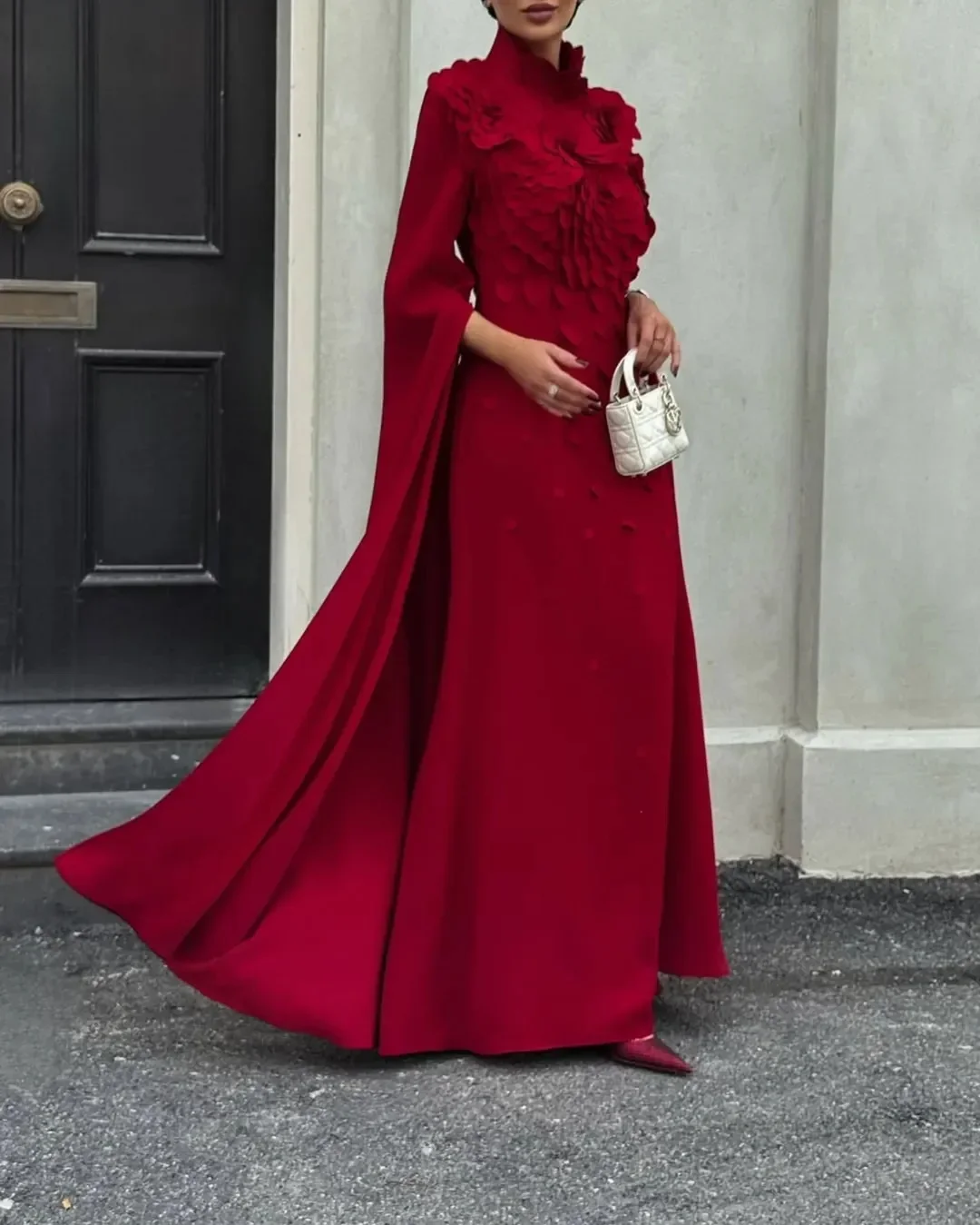 

Customized elegant Long Sleeve Prom Dresses High Neck Floor Length Flowers Temperament Evening Dresses Banquet socialite special