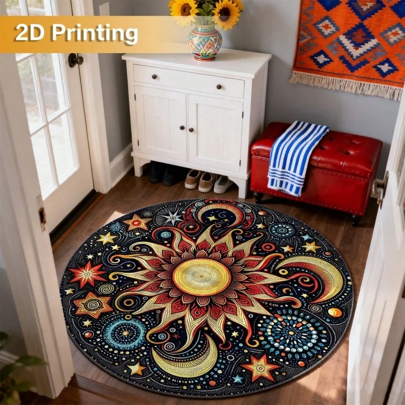 Newest 2D Round Carpet Bohemian Sun Moon Star Mandala Round Rug Non Slip Celestial Space Living Room Carpet