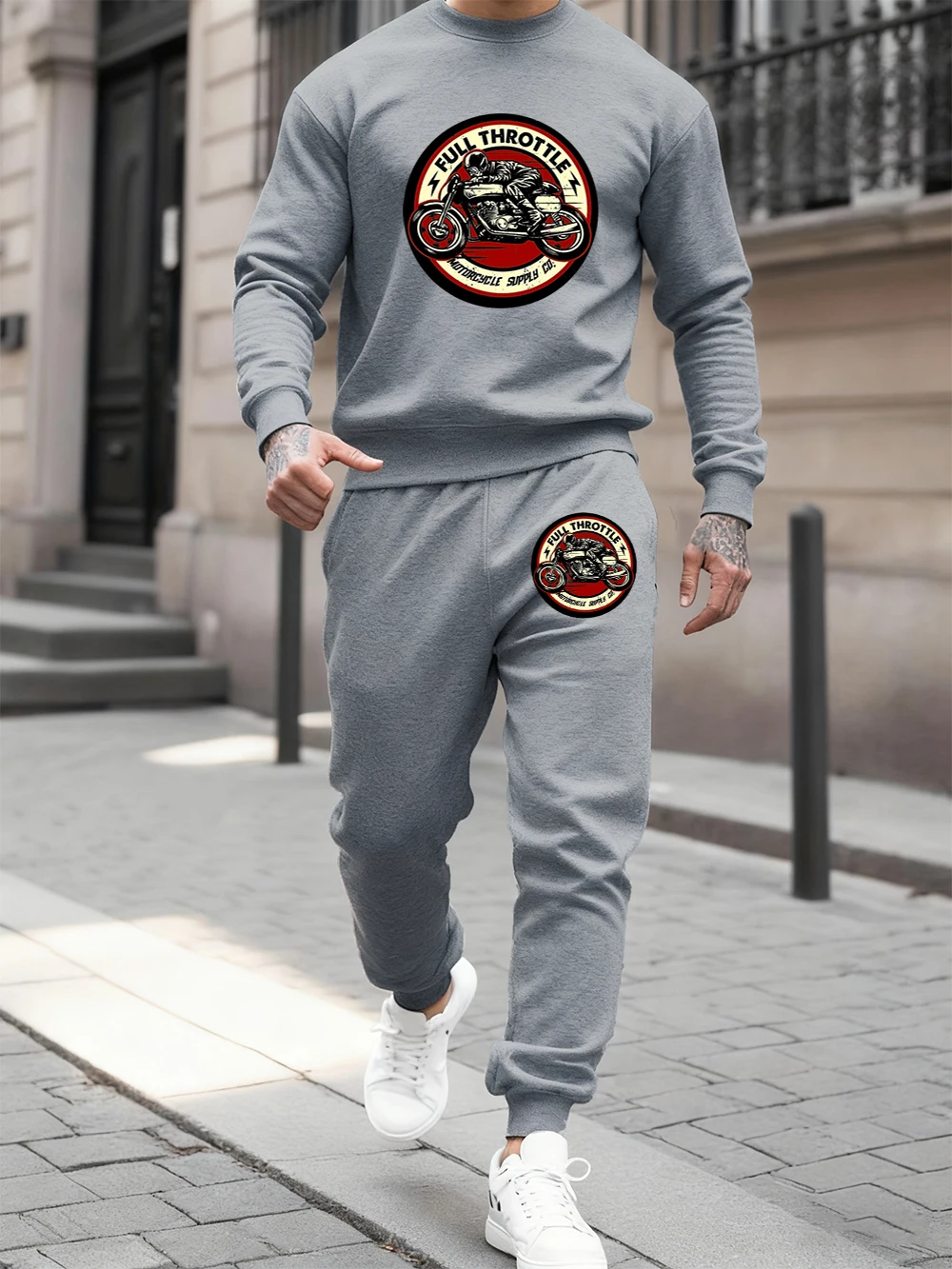 

2 Pcs Hoodies Set Mens Full Throttle Motorcycle Prints Sweatpants Casual Loose Fleece Jogging Outfits Winter Crewneck Clothes