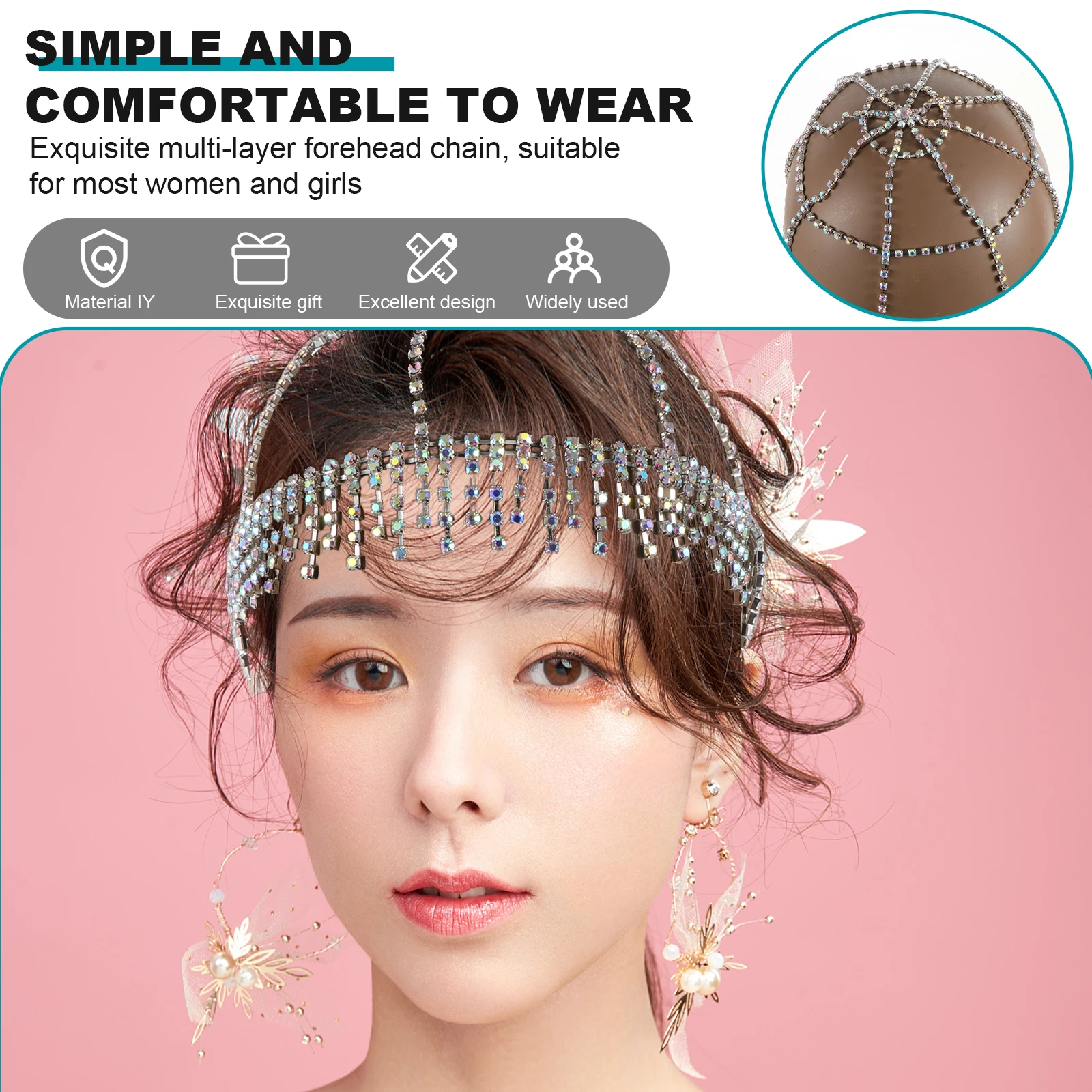 

Sparkling Rhinestone Tassel Mesh Headwear Elegant Headpiece For Women Bridal Party Dance Daily Wear Hair Chain Flapper