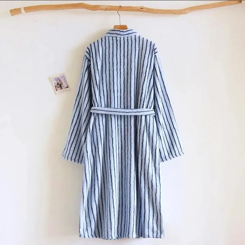 

Fashion Striped Long Sleeve Wedding Dress Loose Flannel Winter Night Gown Women's Warm Robe Coral Fleece Pajamas Women Bathrobe