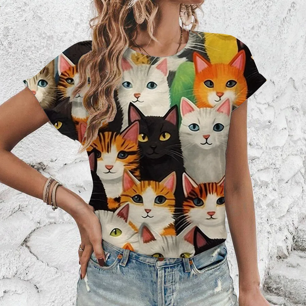 Elegant Short Sleeved T-Shirt Women\'s T-Shirt Oversized T-Shirt Retro Style Cats Pattern Print T-Shirt Fashion Leisure T-Shirt