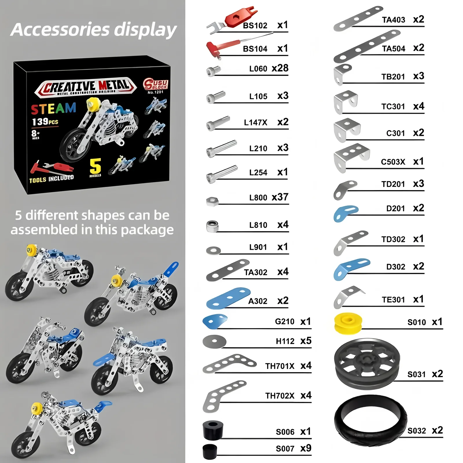 Erector Set motorfiets stuurpen bouwspeelgoed voor kinderen Metalen bouwconstructiemodel Kit 5-variabele multi-vormige motor