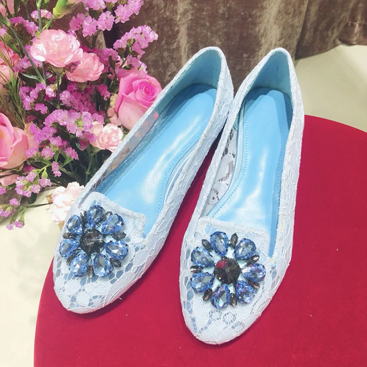 Women\'s Summer Flat Lace Shoes Rhinestone Flower Ballet Shoes