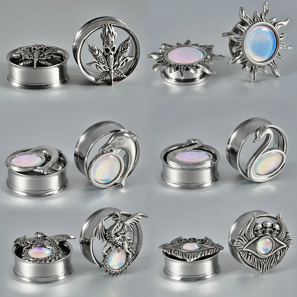 1PC Stainless Steel  White Flash Double Flare Ear Tunnels Plugs Skull Expander Stretcher Gauges Earrings Piercing