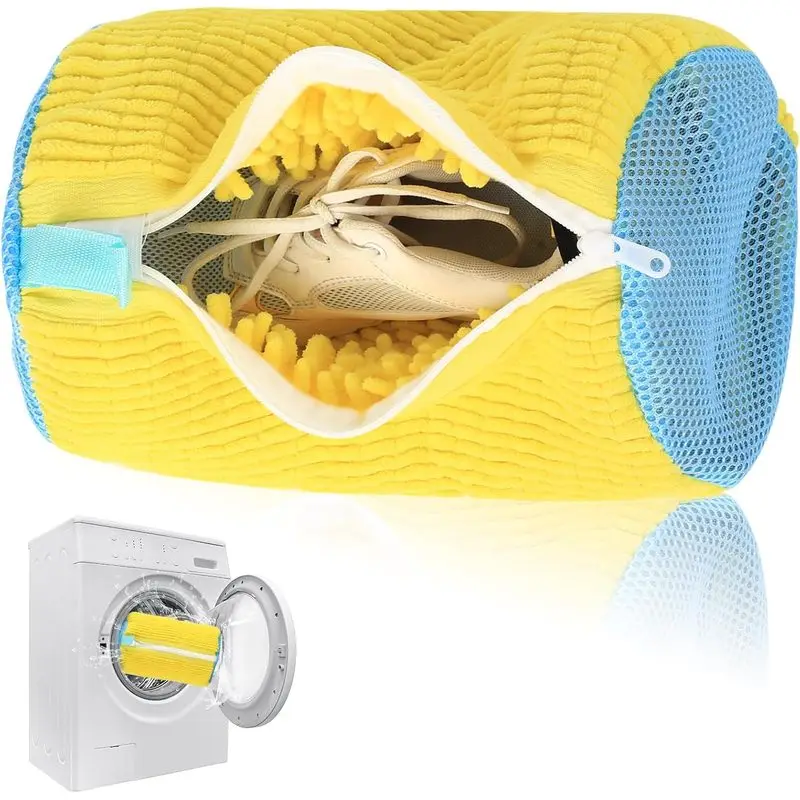 360° Zipper Mesh Shoe Wash Bag for Machine - Yellow, protects trainers in wash. Reusable, durable, yellow. hj