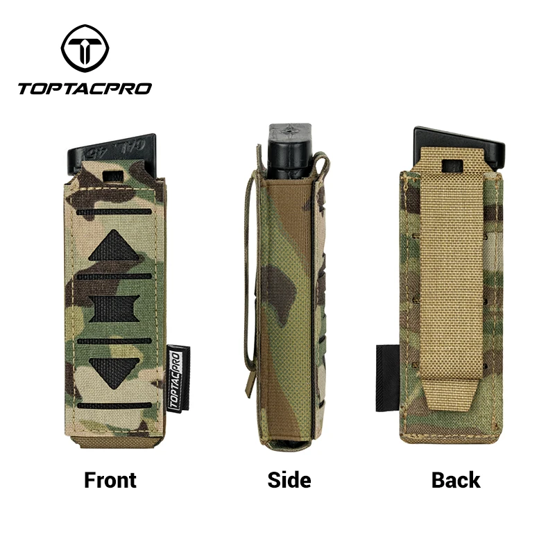 TOPTACPRO Tactical Mag Pouch MOLLE Single Mag Carrier Laser Cut 9mm Pouch Camo 8513