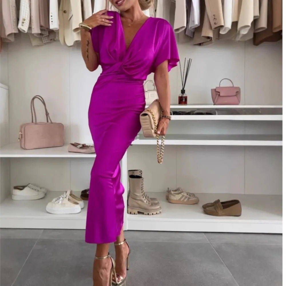 

Fashion Sexy Satin Dress Women Batwing Short Sleeve Package hip V Neck Twist Bodycon Long Dress Elegant Party High Street Dress