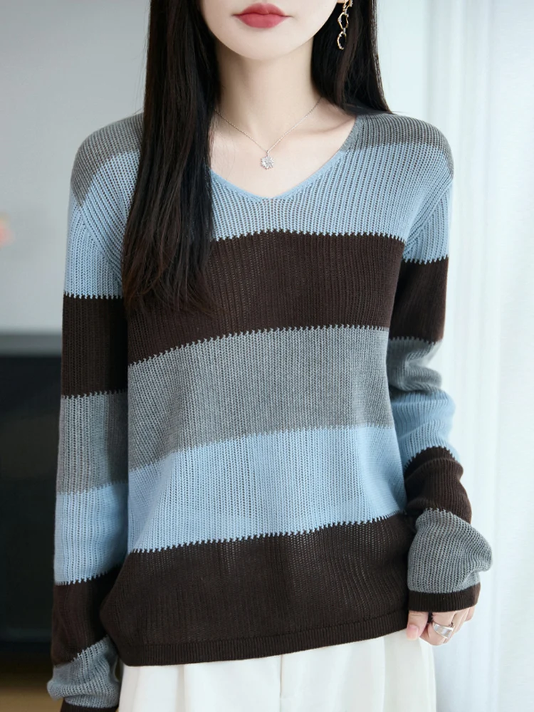 

Осень-зима V-Ne трикотажная основа irt женский свободный свитер в ленивую полоску внутренняя одежда повседневный Sle из мягкой ткани длинный све