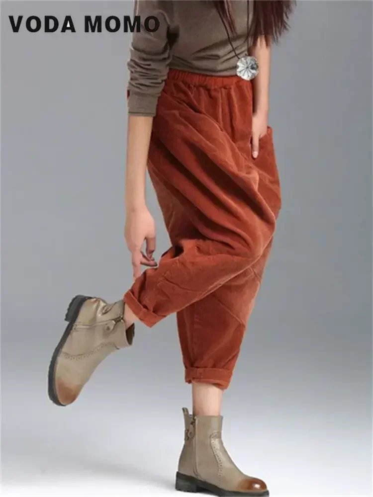 New Spring Autumn Women Corduroy Pants Trend Casual Loose Trousers Vintage Elastic High Waist Streetwear Wide Leg Haren Pants