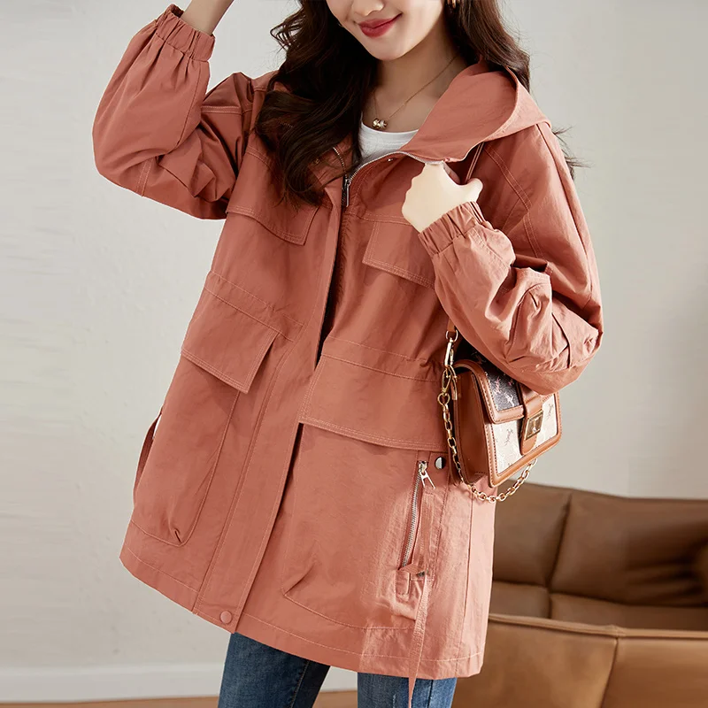 Trench coreano con cappuccio per donna 2024 primavera autunno capispalla femminile medio-lungo Casual con coulisse in vita giacca a vento