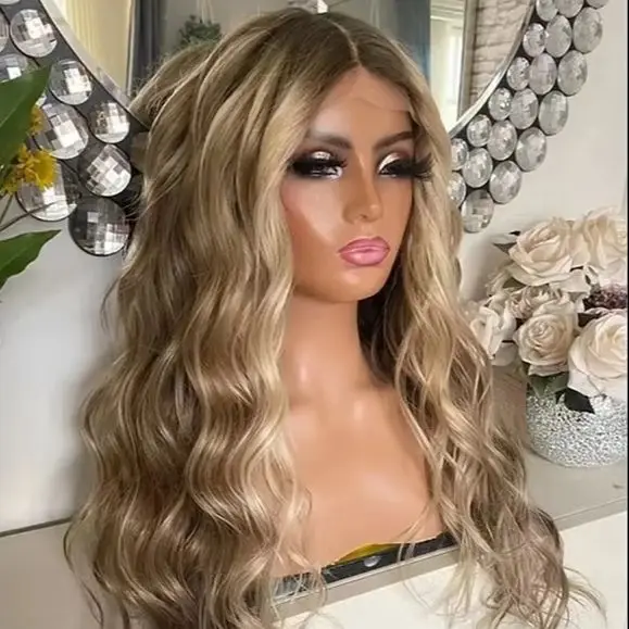 

Women's Wigs Long Deep Wave Wigs Female High Quality Caramel Blonde Wig with Dark Roots Trendy Ombre Cheap Wigs For Women