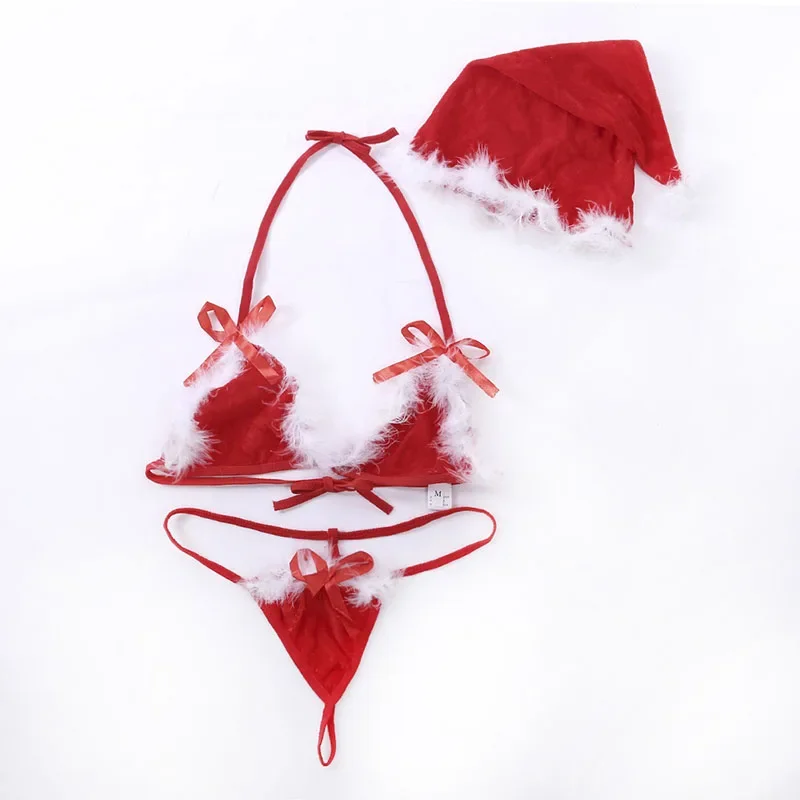 Sexy Santa Lingerie Lady Christmas Red Velvet Fluffy Bikini Sets Bra G-String Thong Hat 3Pcs Bandage Exotic Set with Feather