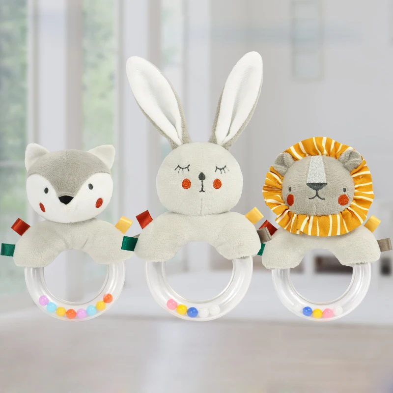 Baby Beruhigende Cartoon Tier Handkurbel Glocke Plüsch Puppe Farbe Perle Hand Glocke 0-1 Jahr Alt Grip handschlag Ring Spielzeug