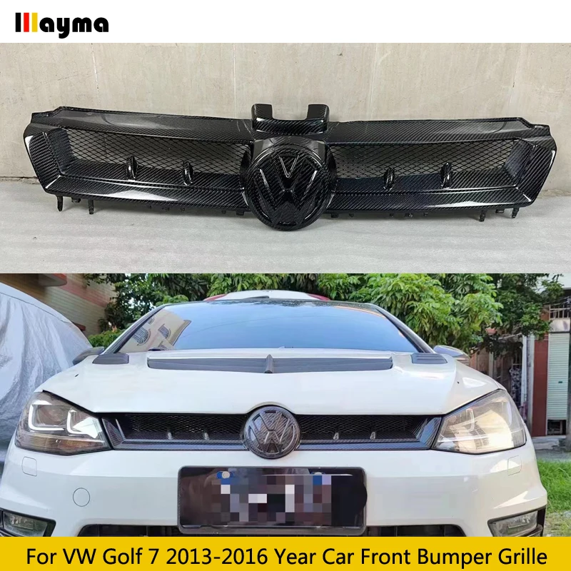 Aspec Style Carbon Fiber Car Front Bumper Air Intake Grille For VW Golf 7 Rline GTI R 2013 - 2016 With Logo FRP Glossy Black MK7