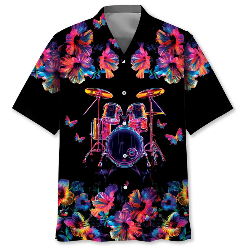 ドラムパターンアロハシャツ男性夏 3D 印刷楽器半袖ブラウス屋外ストリート音楽愛好家シャツ