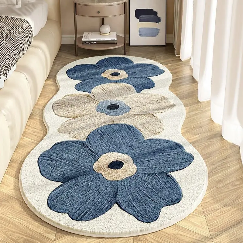 VIKAMA 3D Embossed Blue Beige Flower Irregular Wavy Bedside Runner Rug Non Slip Soft Fluffy Bedroom Long Floor Carpet Home Decor