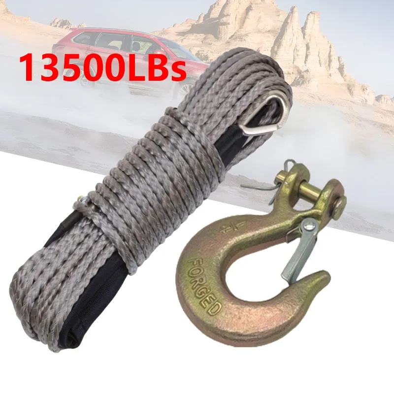 Off Road Tow Strap 7mm*15m 13500LBS Synthetic Winch Rope W/ Hook Winch Cable W/Protective Sleeve New for ATV UTV