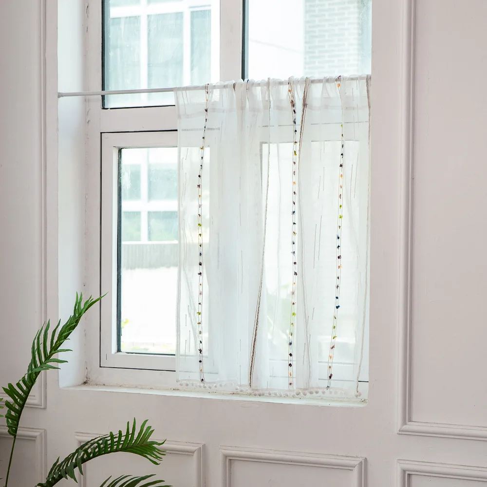 White Tulle Sheer Curtains with colorful thread for Living Room Bedroom Small Window Drapes for Kitchen Princess Girl Room