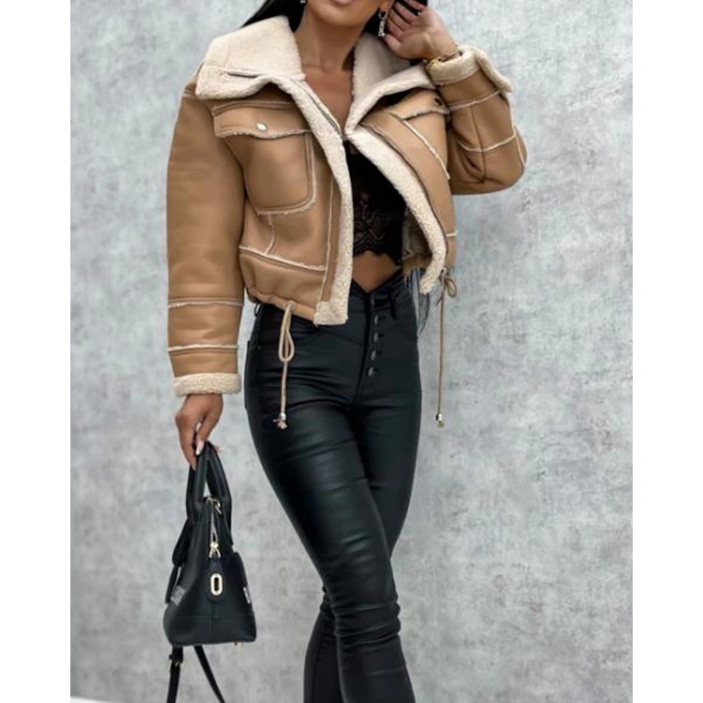 Winter Women Turn-down Collar Teddy Coat Drawstring Pocket Design Short Jackets Autumn Long Sleeve Loose Outfits Clothing