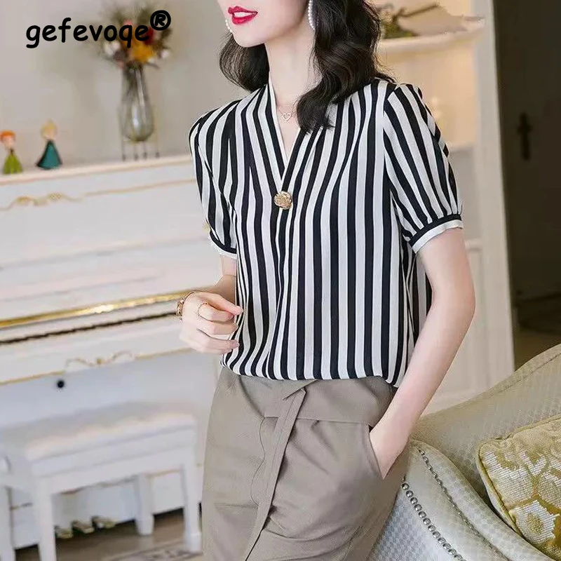 High Quality Silk Korean Fashion Women V-neck Elegant Chic Striped Shirts 2023Summer Casual Short Sleeve Loose Blouse Top Female