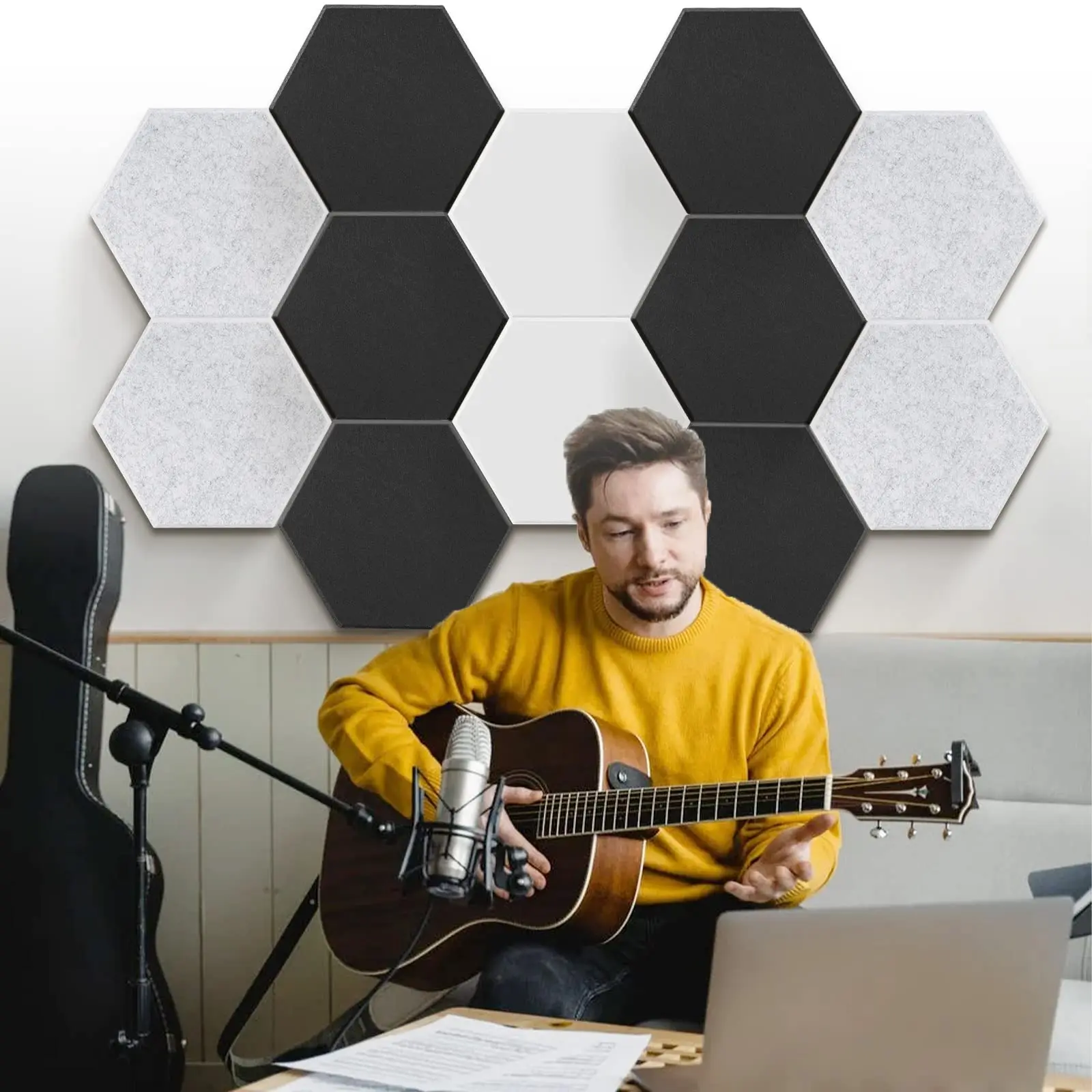 12-Pack Self-Adhesive Hexagonal Acoustic Panels (30x26x0.9cm), High Density Sound Absorbing Wall Tiles for Recording Studios