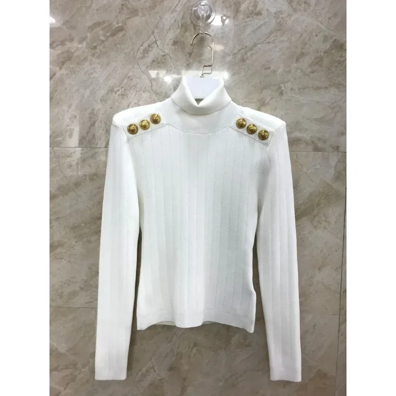 2023 New Autumn Turtleneck Slim Fit Black Blue White Office Lady Golden Button Long Sleeve Sweaters