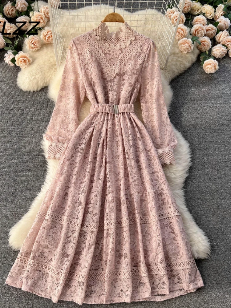 Abito elegante in pizzo donna primavera autunno nuovo girocollo manica lunga ricamo Vintage abiti lunghi abito da donna temperamento